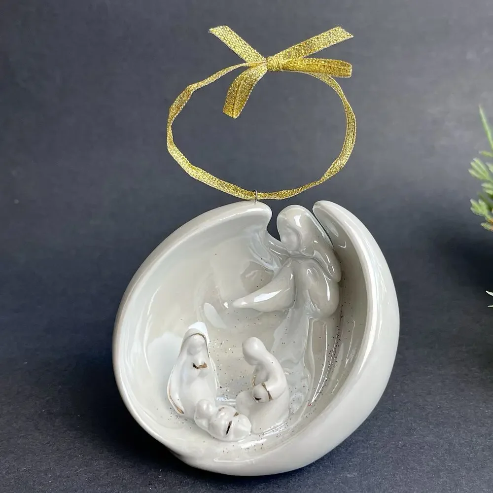 AppleTree Design Porcelain Nativity Ornament White Luster Angel Gold Christmas